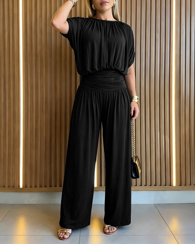 Eleganter Damen-Jumpsuit mit Fledermausärmeln, hoher Taille, gerafftem Design und weitem Bein