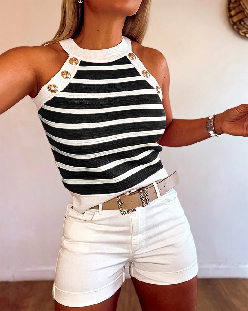 Women's Striped Halter Knit Tank Top Sleeveless Rib-Knit Camisole Gold Button Detail Slim Fit Summer Top