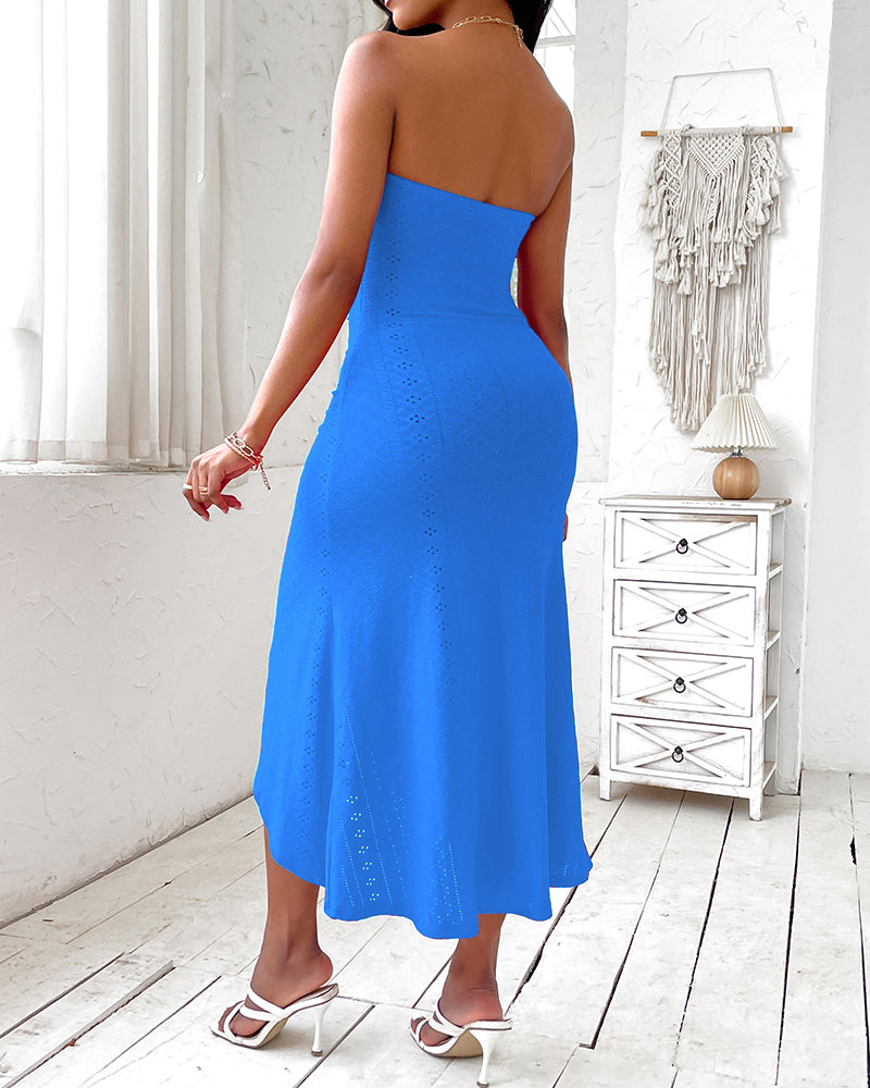 Sleeveless Ruched Cinched Waist Draped Bandeau Dress Eyelet Embroidery Slit Asymmetrical Hem Vacation Dress