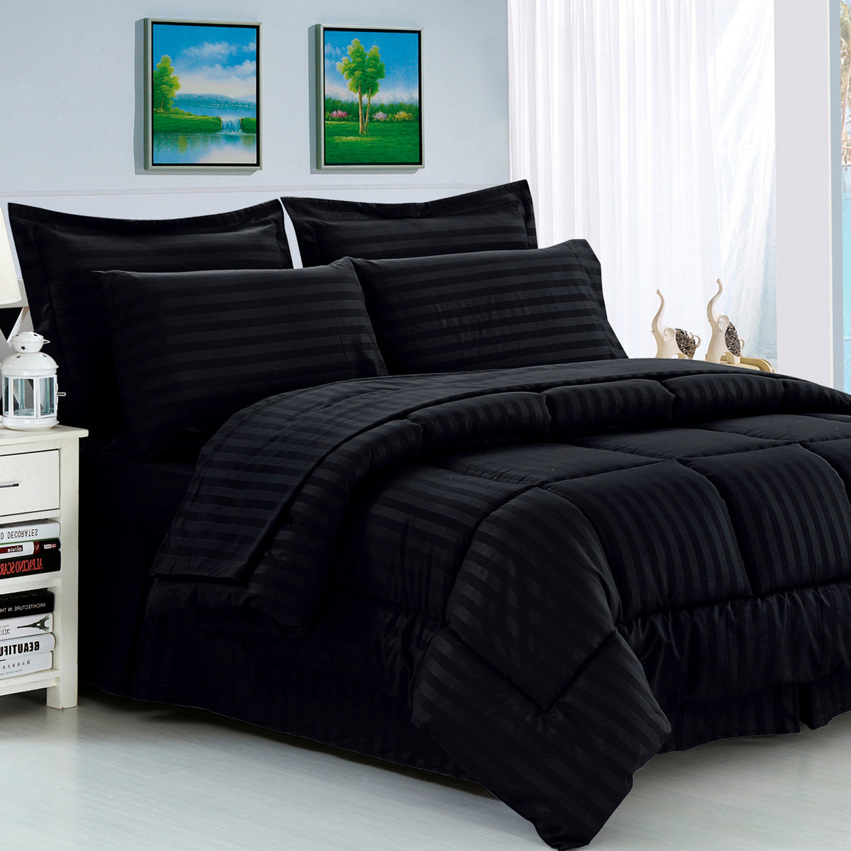 Elegant Comfort 8-Piece Dobby Stripe Comforter Set - Includes 4-Piece Sheet Set with Double Sided Storage Pockets