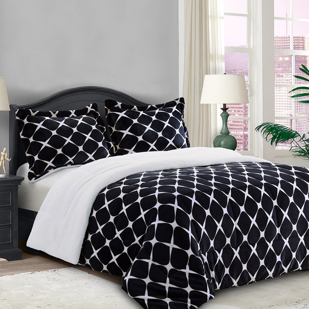 Elegant Comfort 3-Piece Micro-Suede Reversible Sherpa - Bloomingdale Pattern Comforter Set