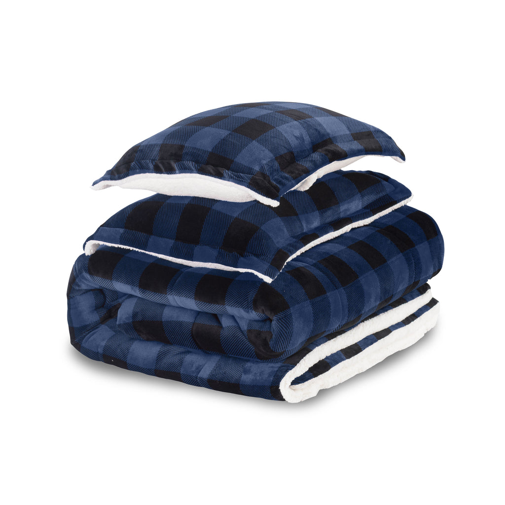 Elegant Comfort 3-Piece Buffalo Micro-Suede Reversible Sherpa - Lodge-Plaid Pattern Comforter Set