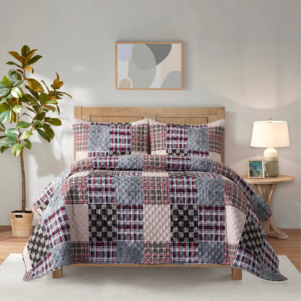 Elegant Comfort 3-Piece Patch Plaid Quilted Reversible Bedspread Coverlet Set