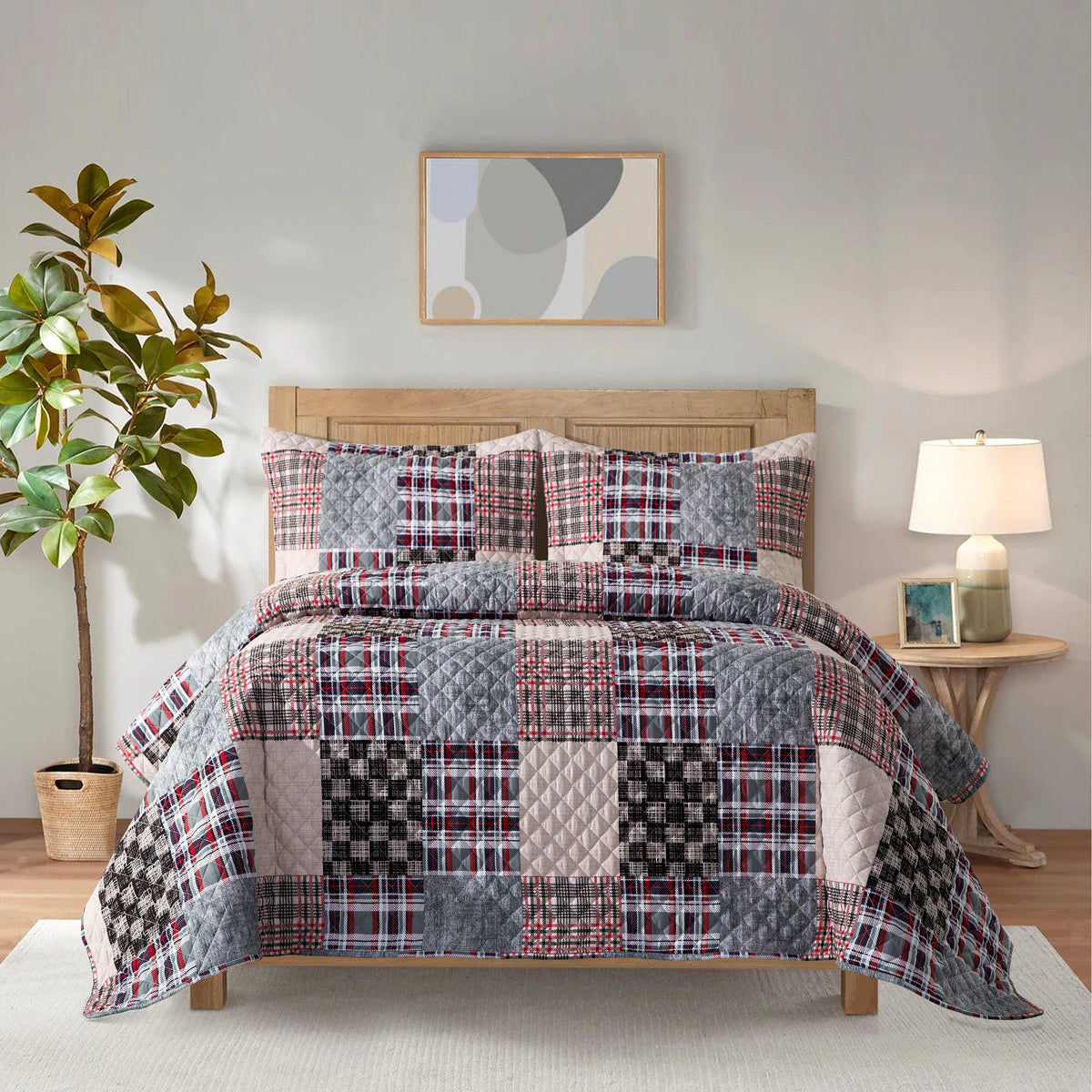 Elegant Comfort 3-Piece Patch Plaid Quilted Reversible Bedspread Coverlet Set