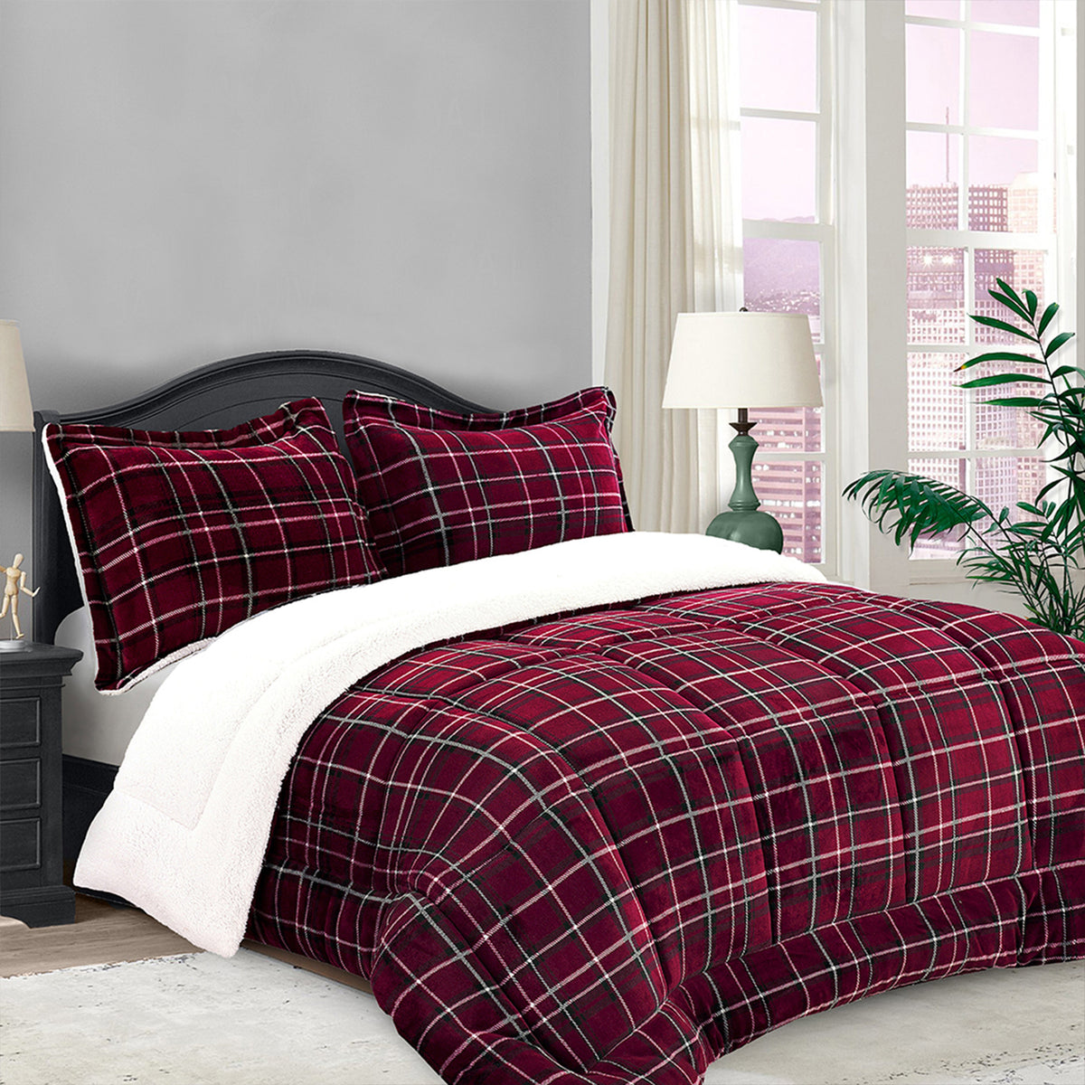 Elegant Comfort 3-Piece Plaid Micro-Suede Reversible Sherpa - Comforter Set