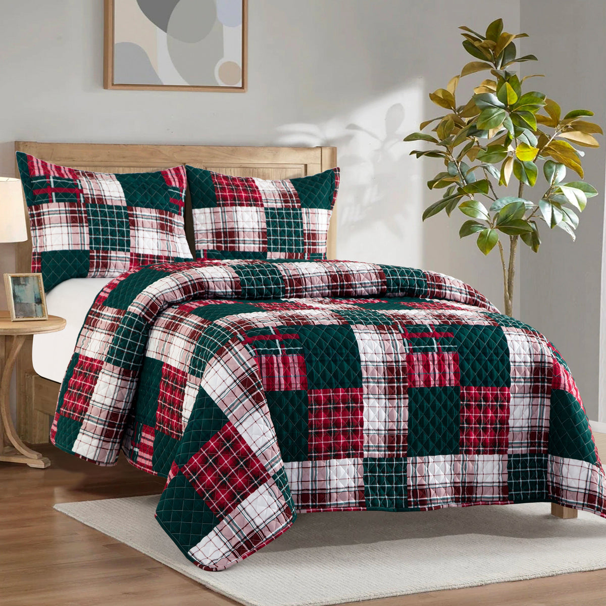 Elegant Comfort 3-Piece Patch Plaid Quilted Reversible Bedspread Coverlet Set