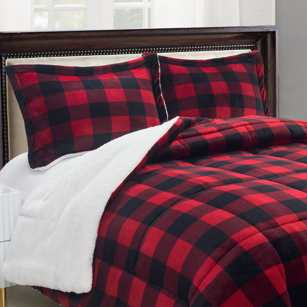 Elegant Comfort 3-Piece Buffalo Micro-Suede Reversible Sherpa - Lodge-Plaid Pattern Comforter Set