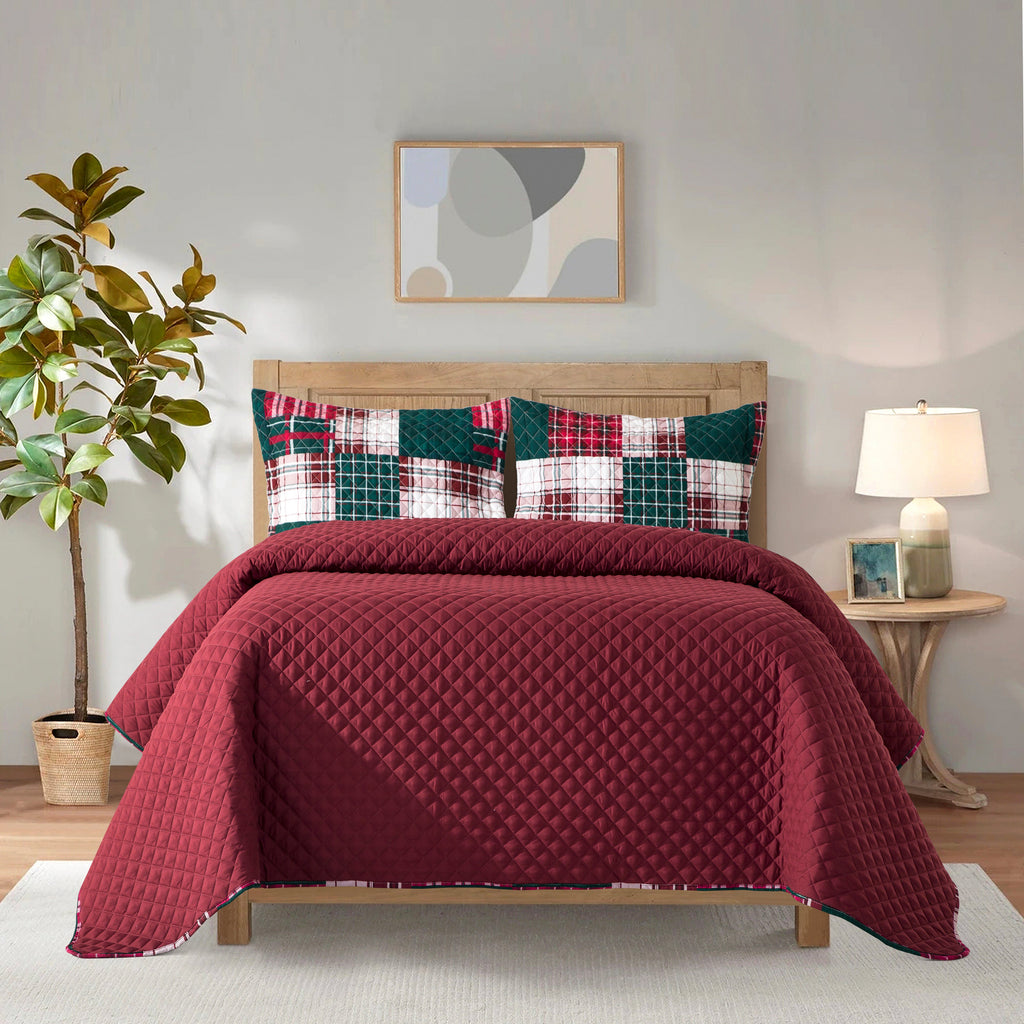 Elegant Comfort 3-Piece Patch Plaid Quilted Reversible Bedspread Coverlet Set