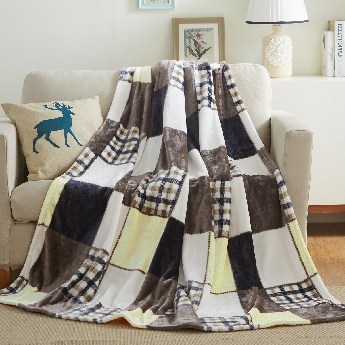 Tache Buttermilk Fall Yellow Brown Farmhouse Super Soft Plaid Patchwork Throw Blanket (4026)