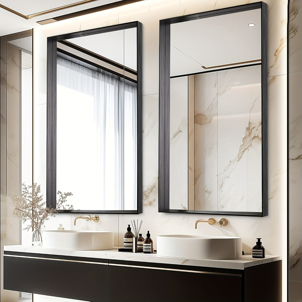 Bathroom Mirror with Rectangular Metal Frame, Horizontal or Vertical Wall Mounting in Three Finishes