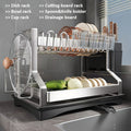 Stainless Steel Two-Tier Dish Drying Rack with Drainboard, Cup Holders, Utensil Caddy and Lid Rack