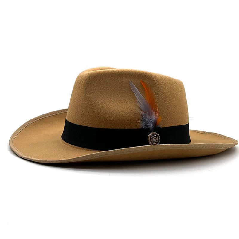 Wide Brim Wool Felt Fedora Hat with Colorful Feathers and Black Hatband