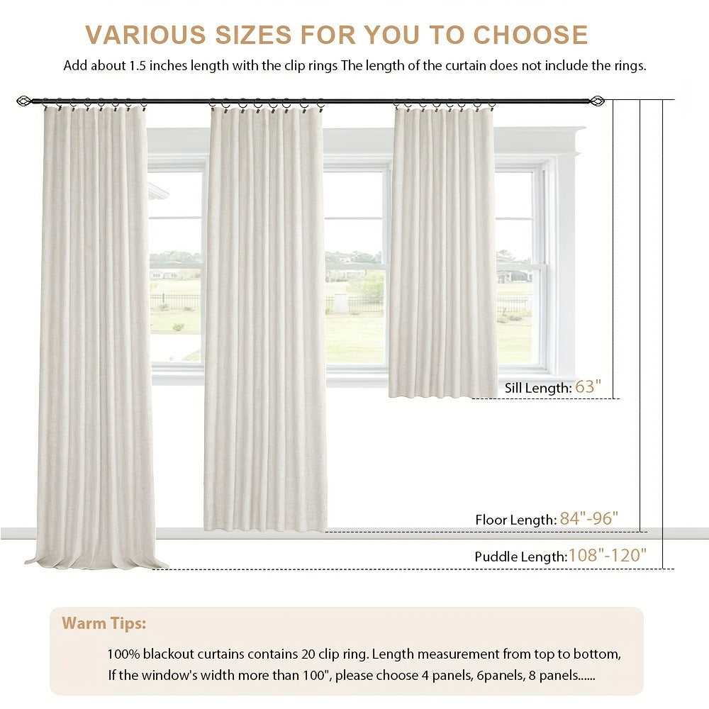 Four Faux Linen Textured Panels with Thermal Insulation and Rod Pockets for Living Room and Bedroom, 100% Blackout Curtains