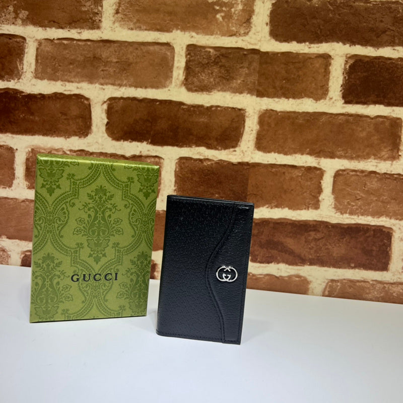 Gucci Interlocking GG Card Holder Wallet – Black Pebbled Leather Silver Hardware