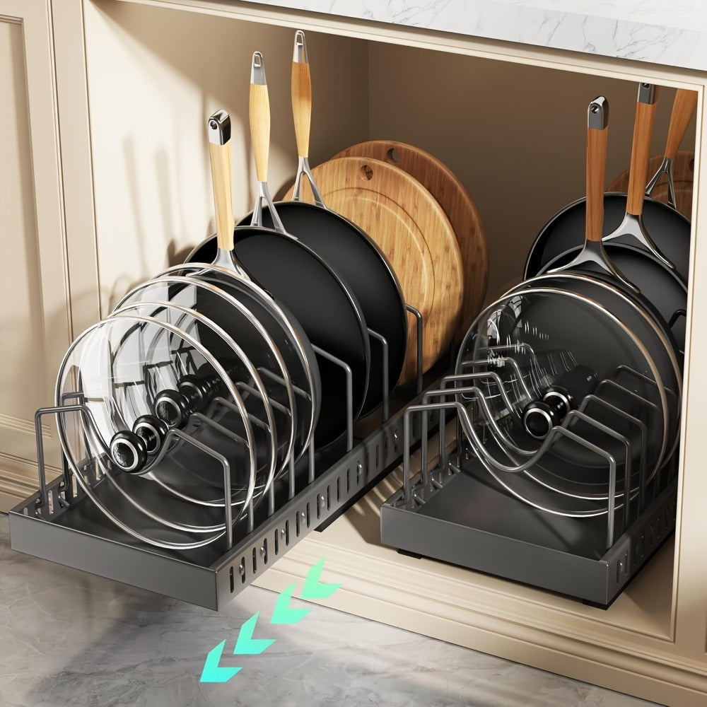 Pull-Out Pot and Pan Lid Rack Cabinet Sliding Storage Organizer - Kitchen Cabinet Slide-Out Box with 8/16 Adjustable Dividers for Lids