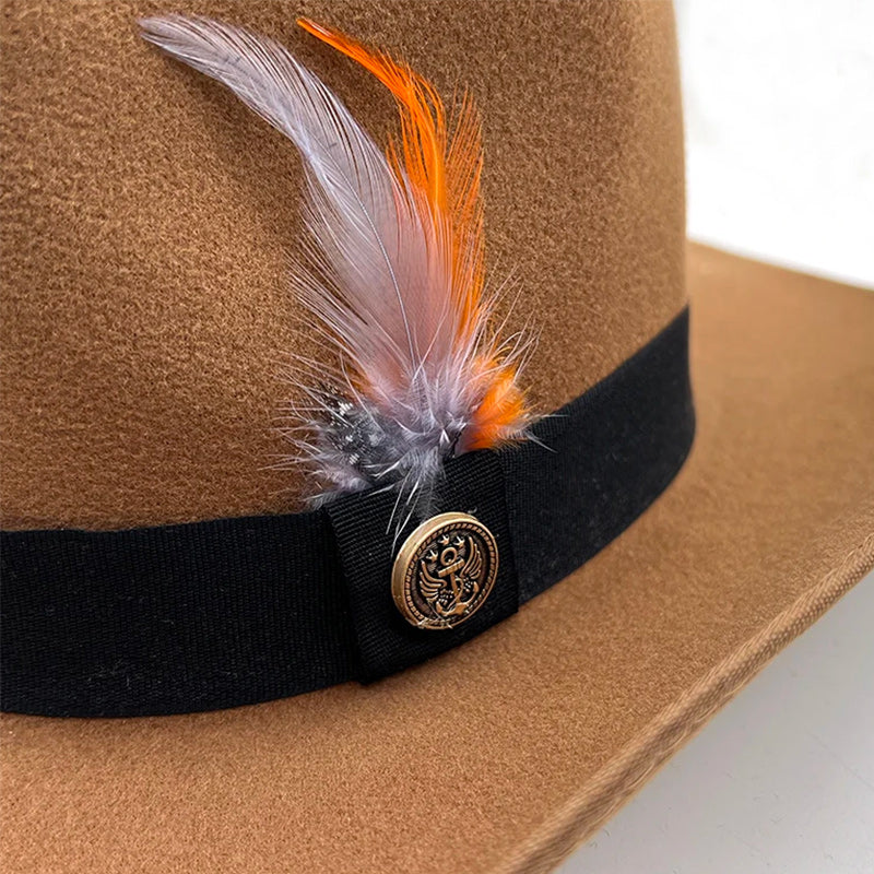Wide Brim Wool Felt Fedora Hat with Colorful Feathers and Black Hatband