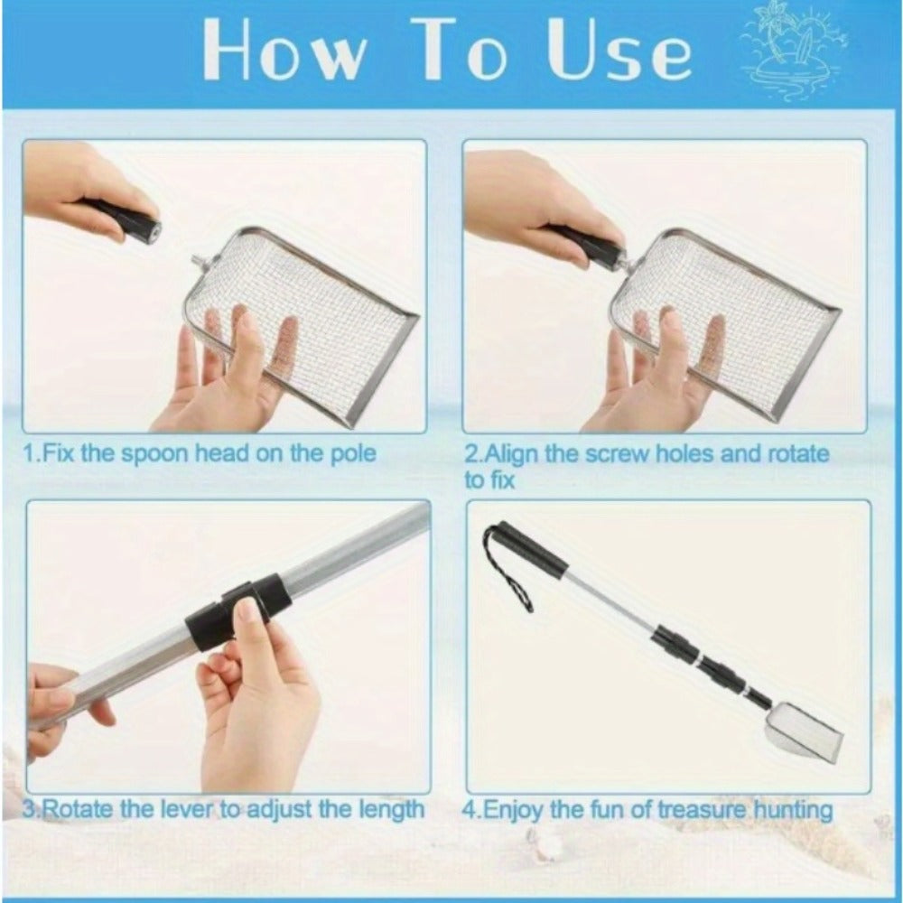 Beach Sand Sifter Scoop Telescopic Handle – Stainless Steel Retractable 3-Section Scoop for Treasure Hunting Shell Collecting Beach Combing Cat Litter Cleaning, 1pc or 2pcs