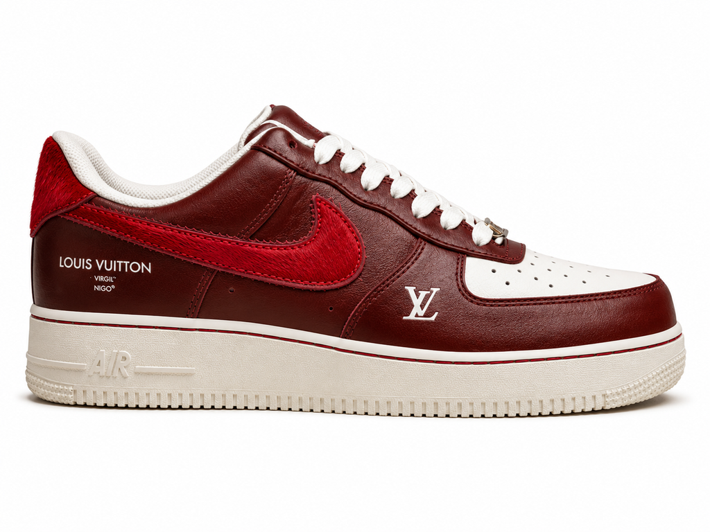 Louis Vuitton x Nike Air Force 1 by Virgil Abloh – Brown Cream Red Shearling Swoosh