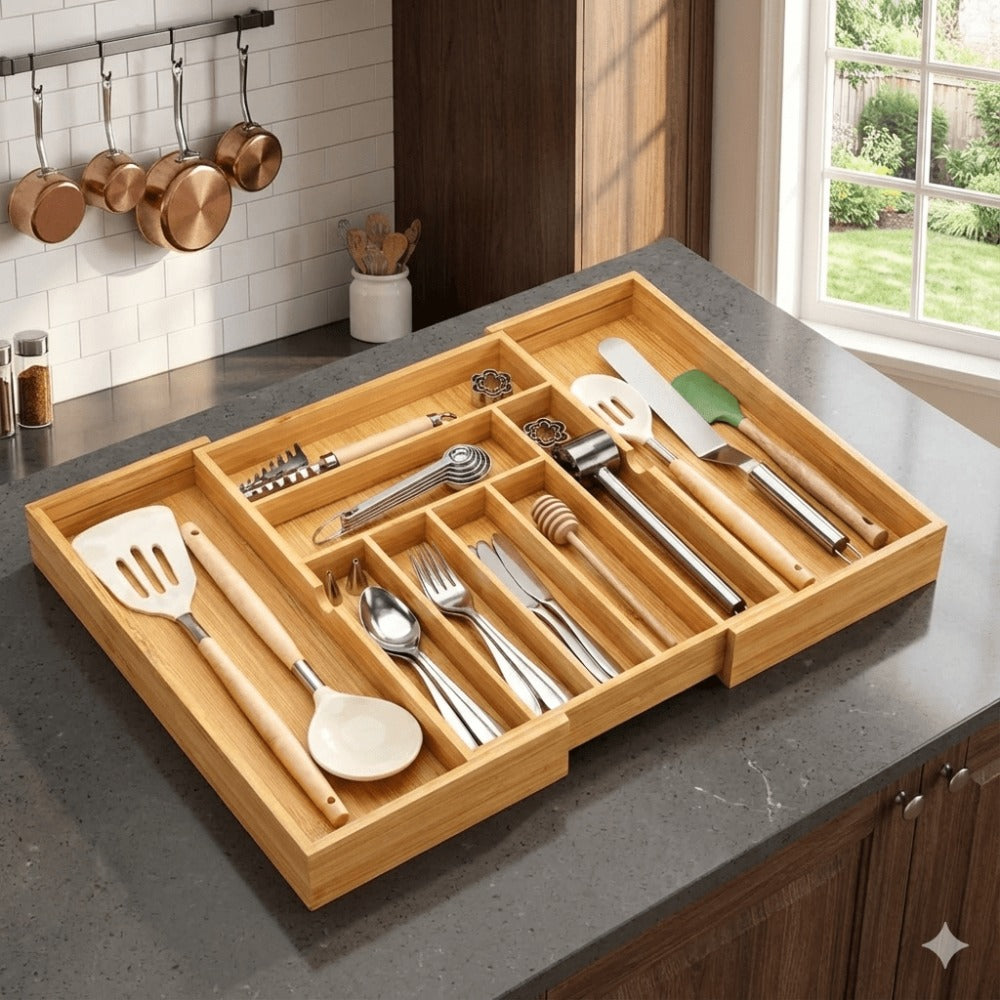 Nine-Compartment Bamboo Drawer Organizer, Expandable Adjustable Silverware and Cutlery Tray for Kitchen Storage