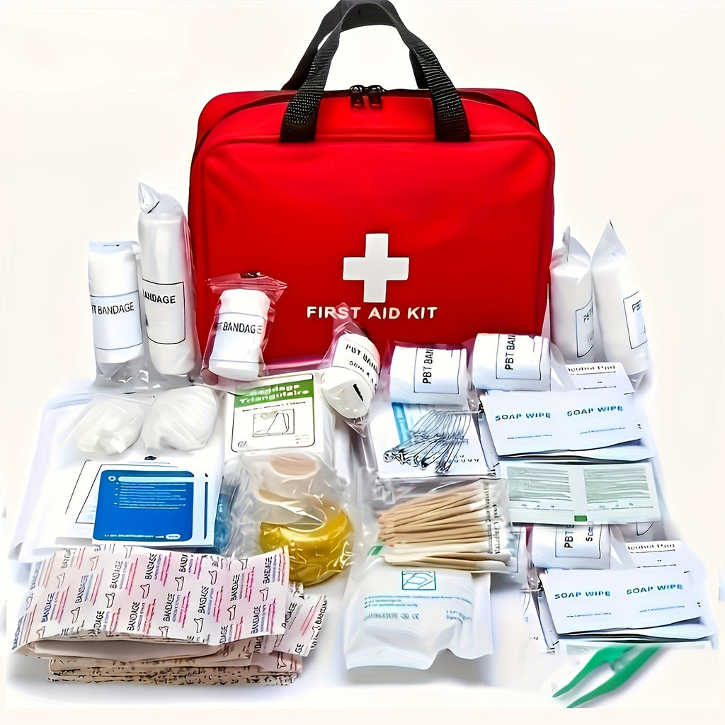25-Item First Aid Kit with Red Handled Zipper Case, Two Mesh Sections and Labeled Supply Packets