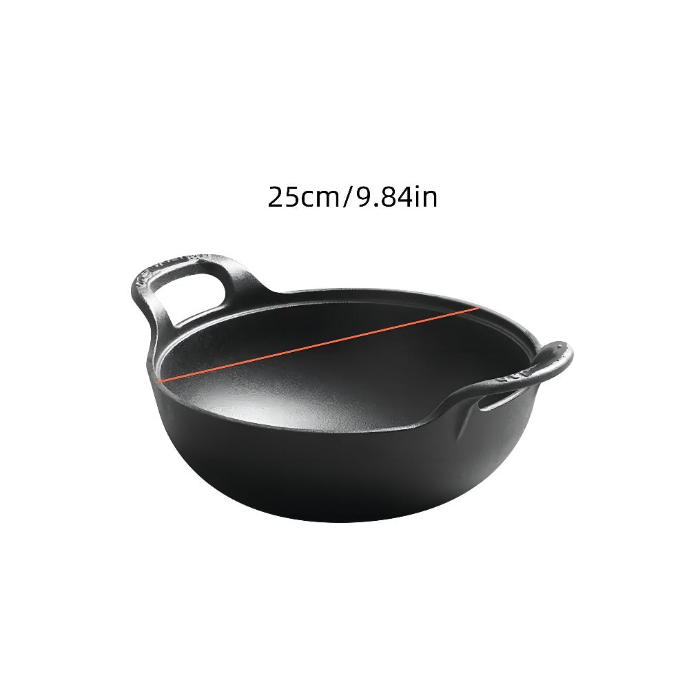 Cast Iron Wok Skillet Non-Stick Deep Stir Fry Pan with Dual Handles - Uncoated Traditional for Home Cooking, Dining and Outdoor Meals