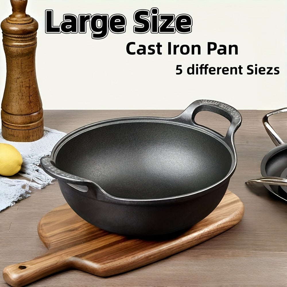 Cast Iron Wok Skillet Non-Stick Deep Stir Fry Pan with Dual Handles - Uncoated Traditional for Home Cooking, Dining and Outdoor Meals