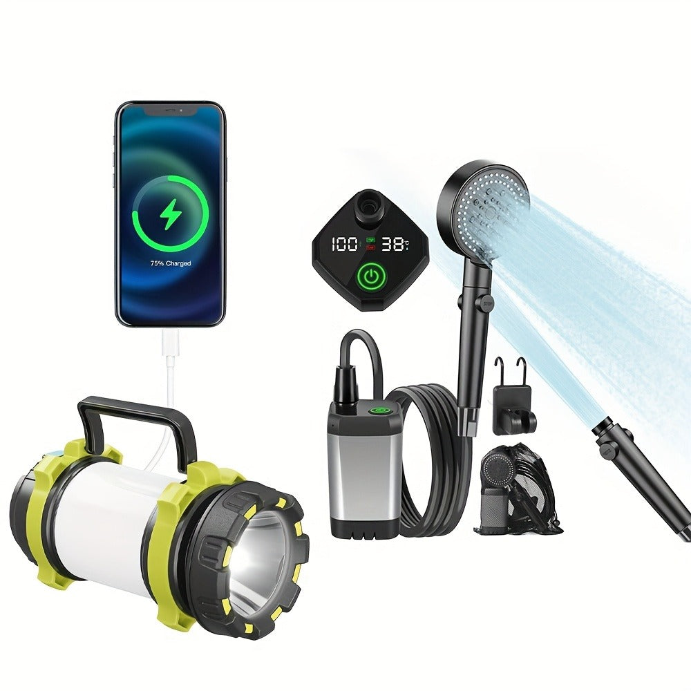 Portable Camping Shower - 6000mAh Battery, 120-Min Runtime, 6 Spray Modes, Smart Display, for Camping, Car Washing, Pet Cleaning, Hiking & Beach