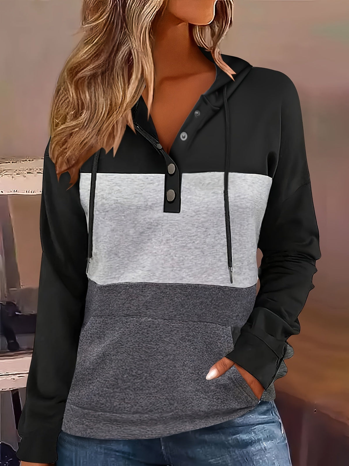 Tamsin | Kapuzenpullover mit Colour-Block-Knopfleiste