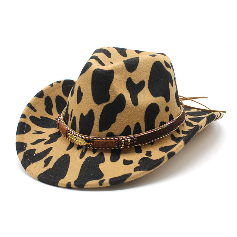 Tate Cowboyhut aus Wollfilz mit Kuhfellmuster, mittlere flache Krempe