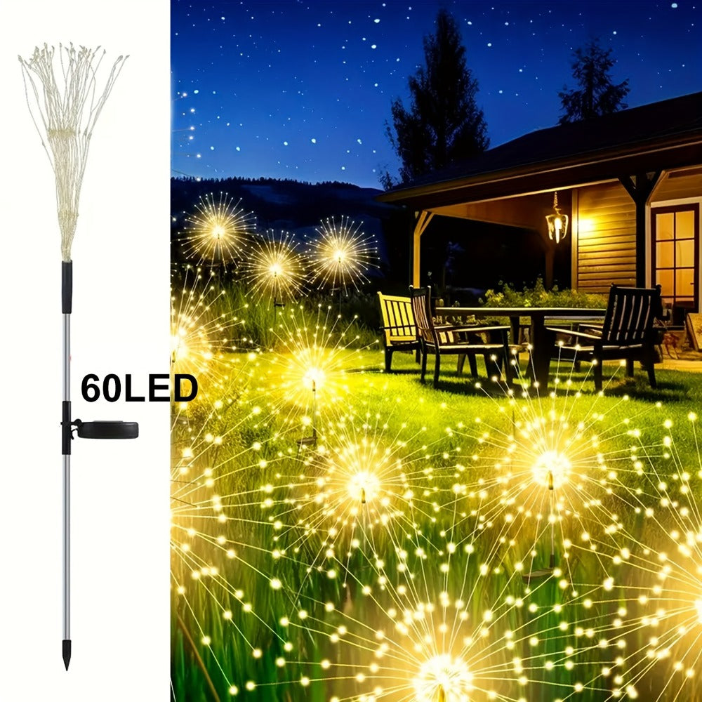 Solar Garden Lights, Four-Pack Firework-Style Outdoor Stakes with Eight Modes and Multicolor LEDs