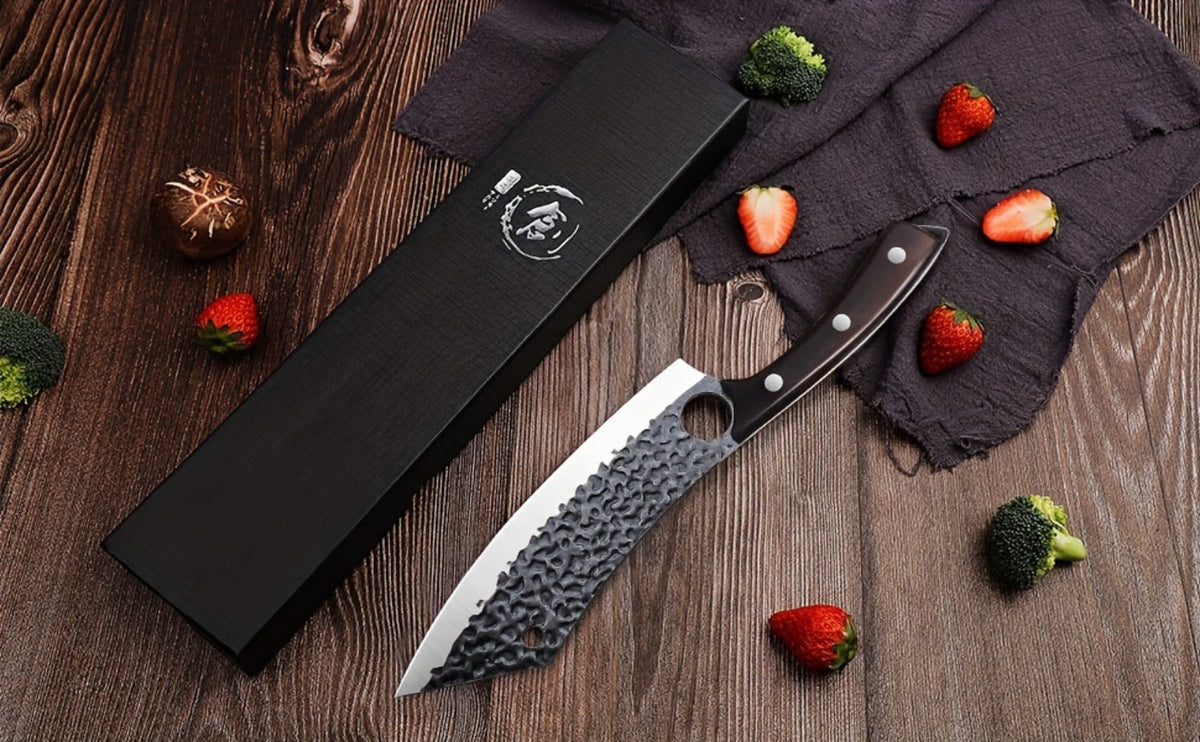 Wide 8-Inch Cleaver-Style Kitchen Knife with Finger Hole, Hammered-Look Blade and Wood-Tone Handle