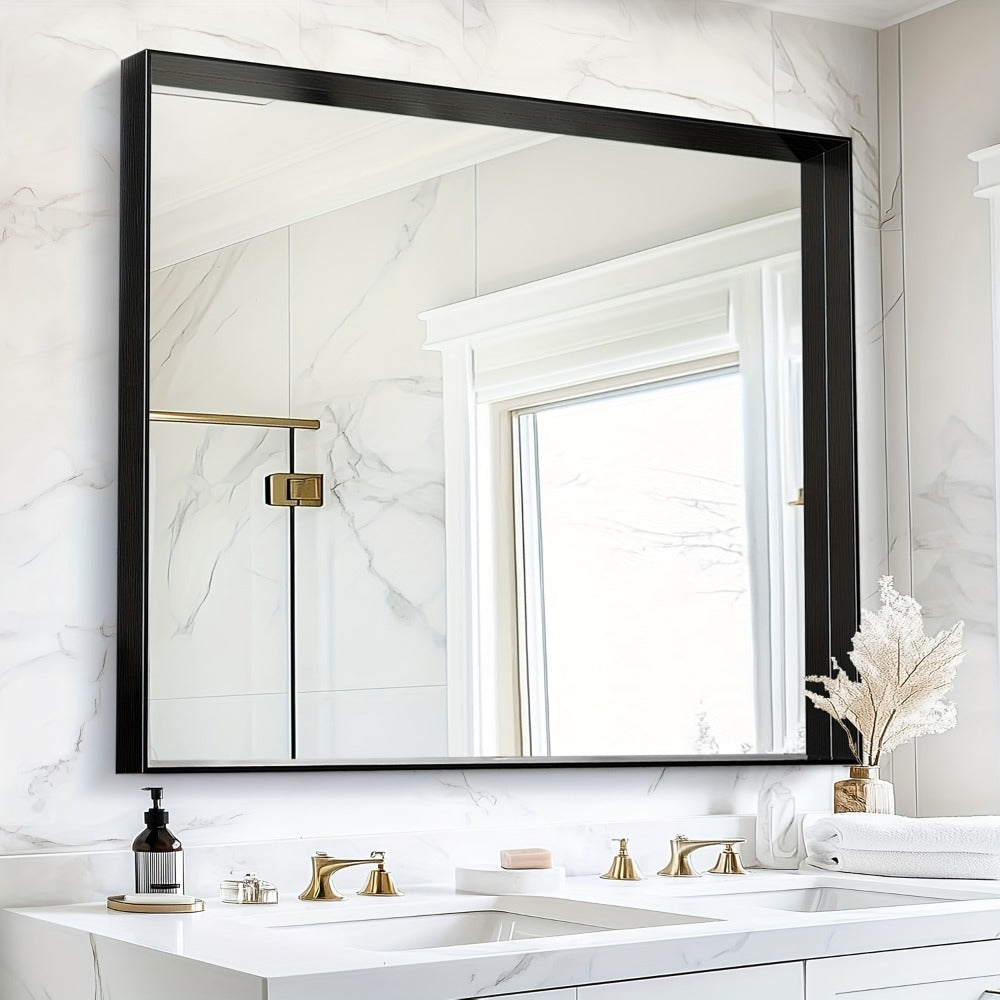 Bathroom Mirror with Rectangular Metal Frame, Horizontal or Vertical Wall Mounting in Three Finishes