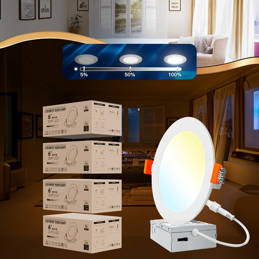 6 Inch LED Recessed Light 5CCT Selectable Dimmable - 12W 1050LM, 2700K-5000K, ETL Listed Slim Canless Downlight for Kitchen