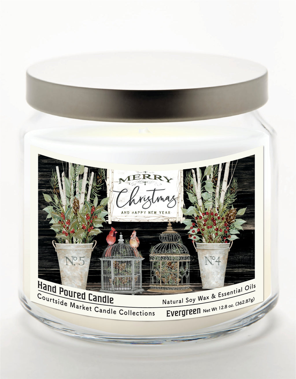 Merry Christmas Cardinals 12.8 Oz Candle Glass Jar with Brushed Silver Metal Lid
