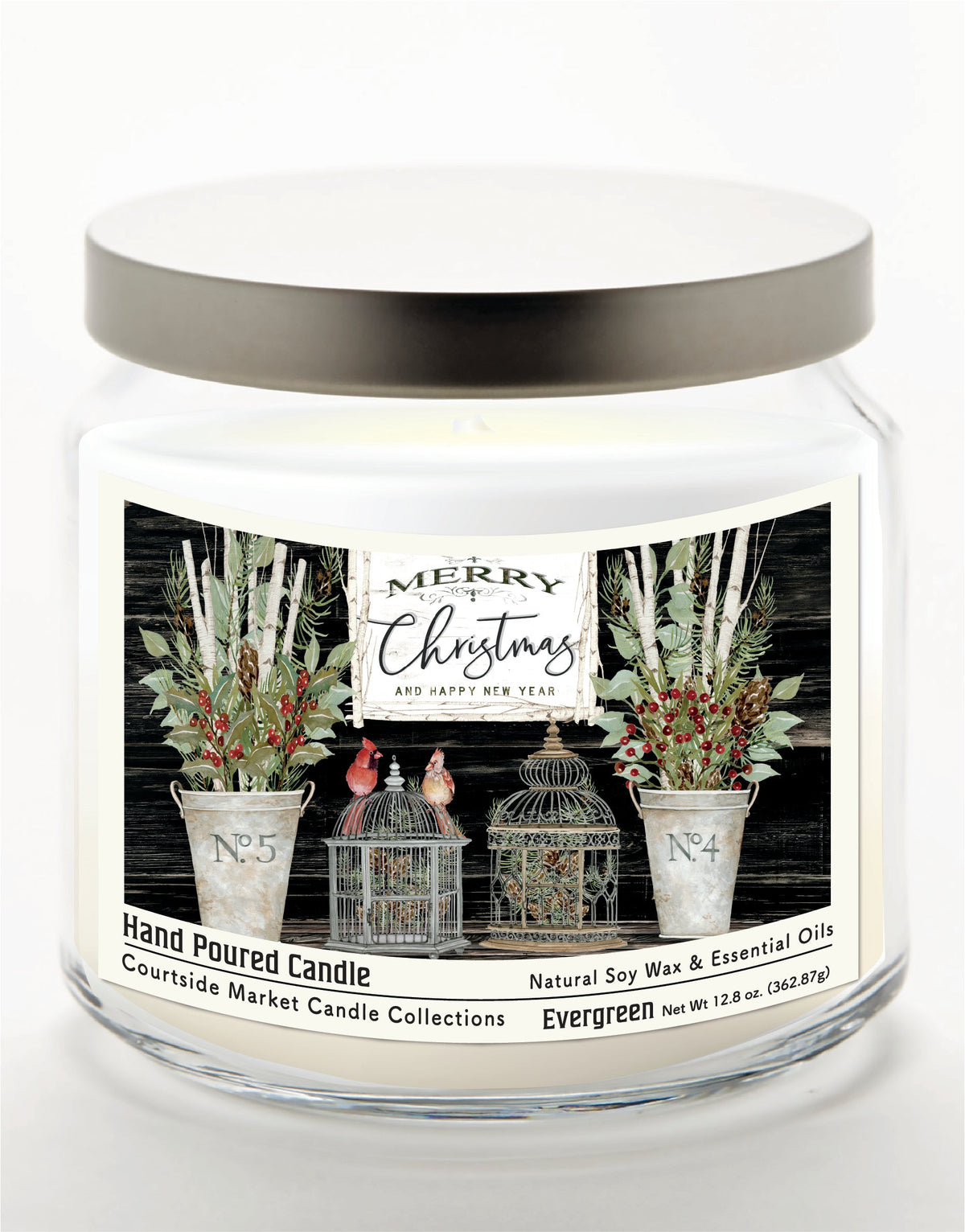 Merry Christmas Cardinals 12.8 Oz Candle Glass Jar with Brushed Silver Metal Lid