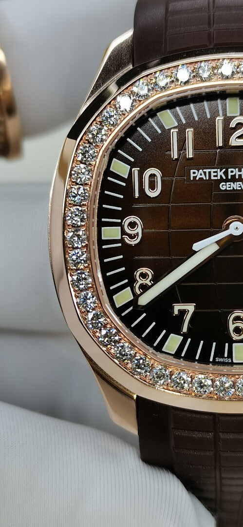 Patek Philippe Aquanaut Luce 5067 – Rose Gold Diamond Bezel Black Dial Arabic Numerals Date Brown Rubber Strap