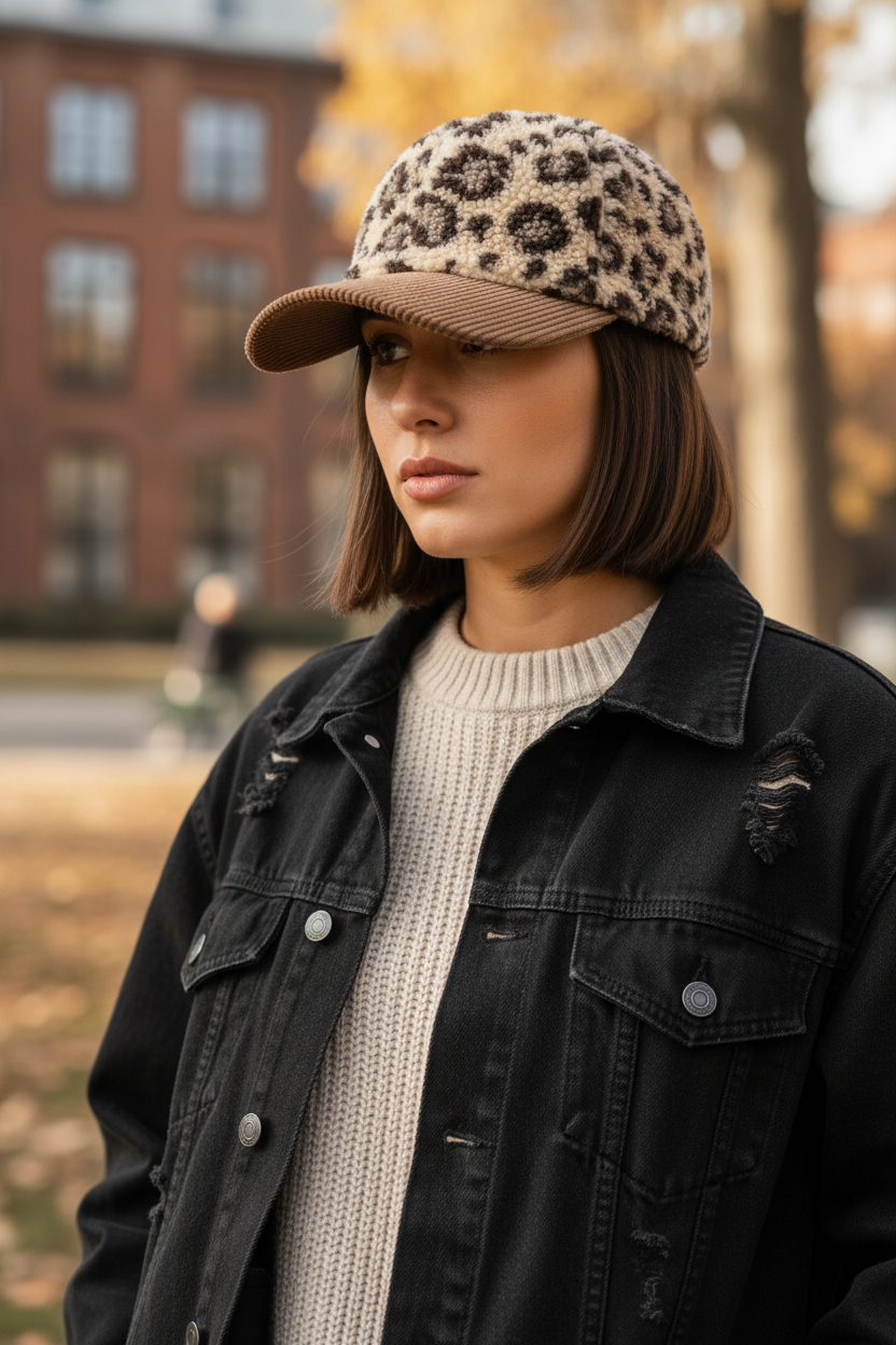Collins Baseballkappe mit Leopardenmuster aus Plüsch – Unisex, ganzjährig tragbar