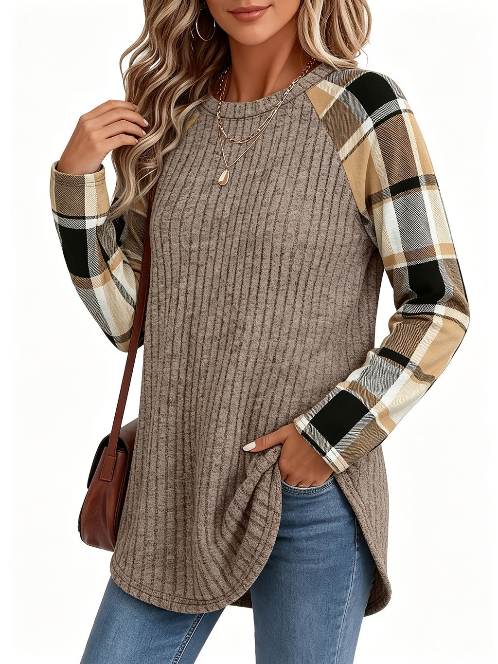 Audrey | Ribbed Check-Sleeve Top