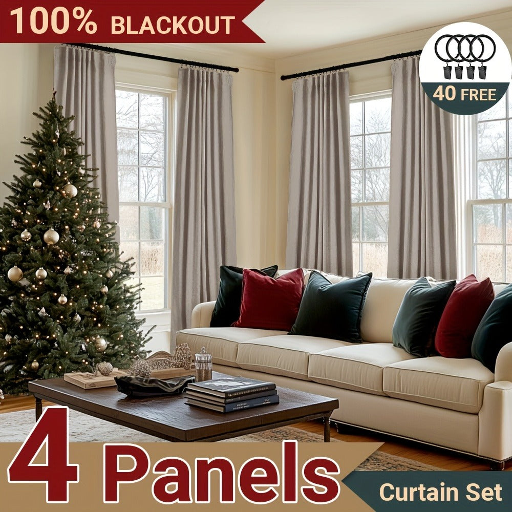 Four Faux Linen Textured Panels with Thermal Insulation and Rod Pockets for Living Room and Bedroom, 100% Blackout Curtains