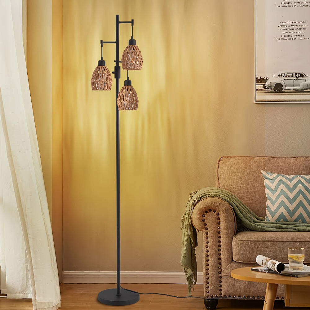 Boho Dimmable 3-Light Stepless Dimming Standing Lamp, Dining Room Warm Bohemian Home Lighting, Rattan Floor Lamp
