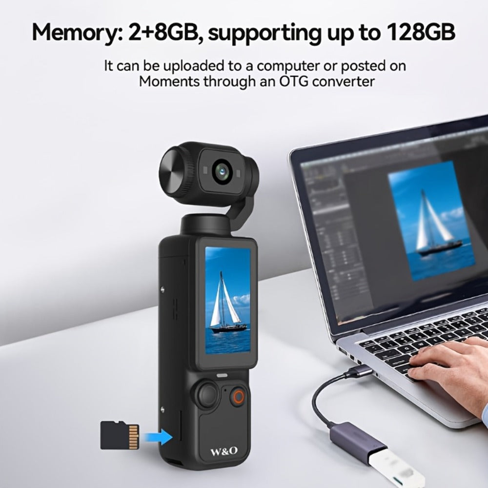 W&O 4K-Labeled Pocket Action Camera with 180-Degree Rotating Lens, 1.9-Inch Screen and 2000mAh Battery Marking