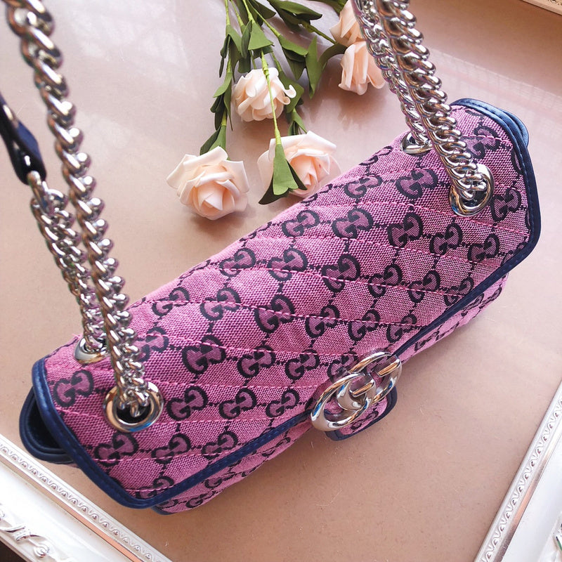 Gucci GG Marmont Small Shoulder Bag – Quilted GG Canvas Pink Purple & Green Navy