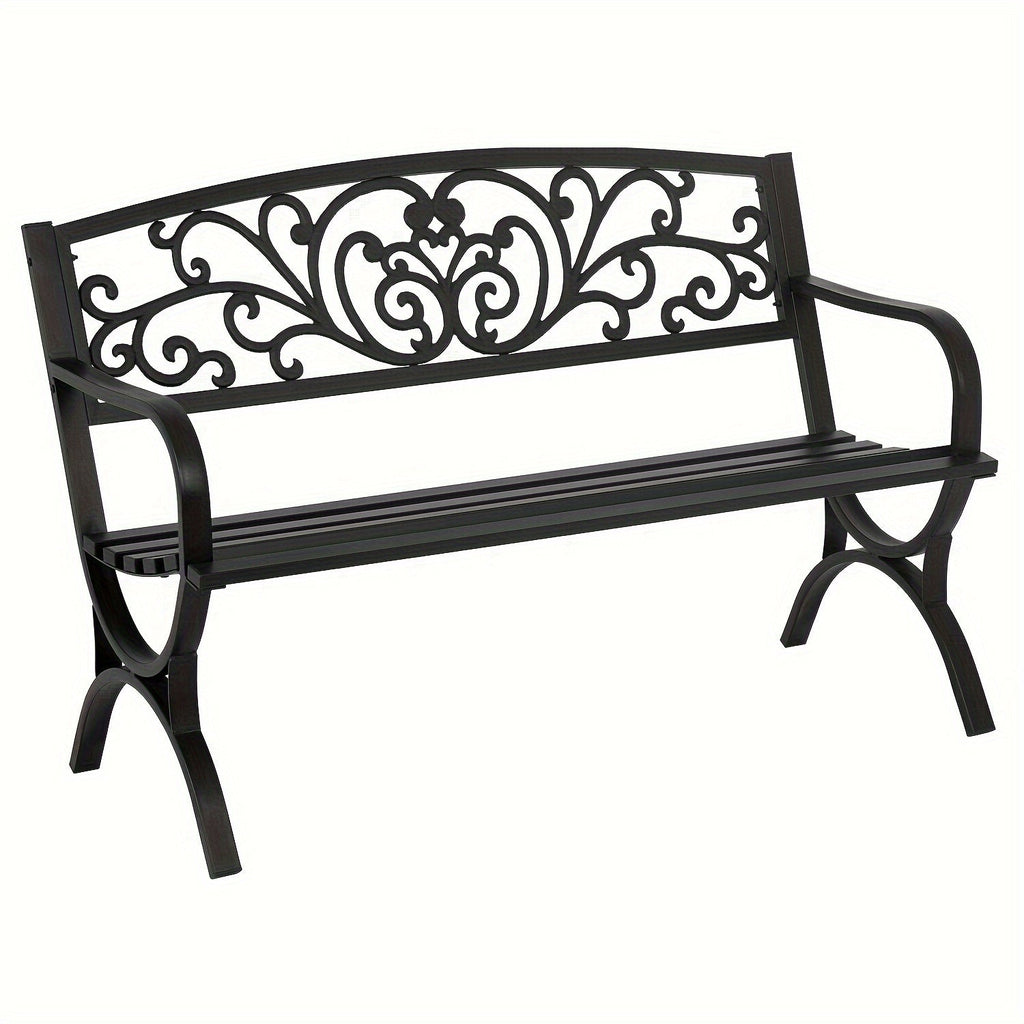 Cast Iron Outdoor Garden Bench with Floral Backrest and Slatted Seat for Patio
