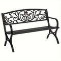 Cast Iron Outdoor Garden Bench with Floral Backrest and Slatted Seat for Patio