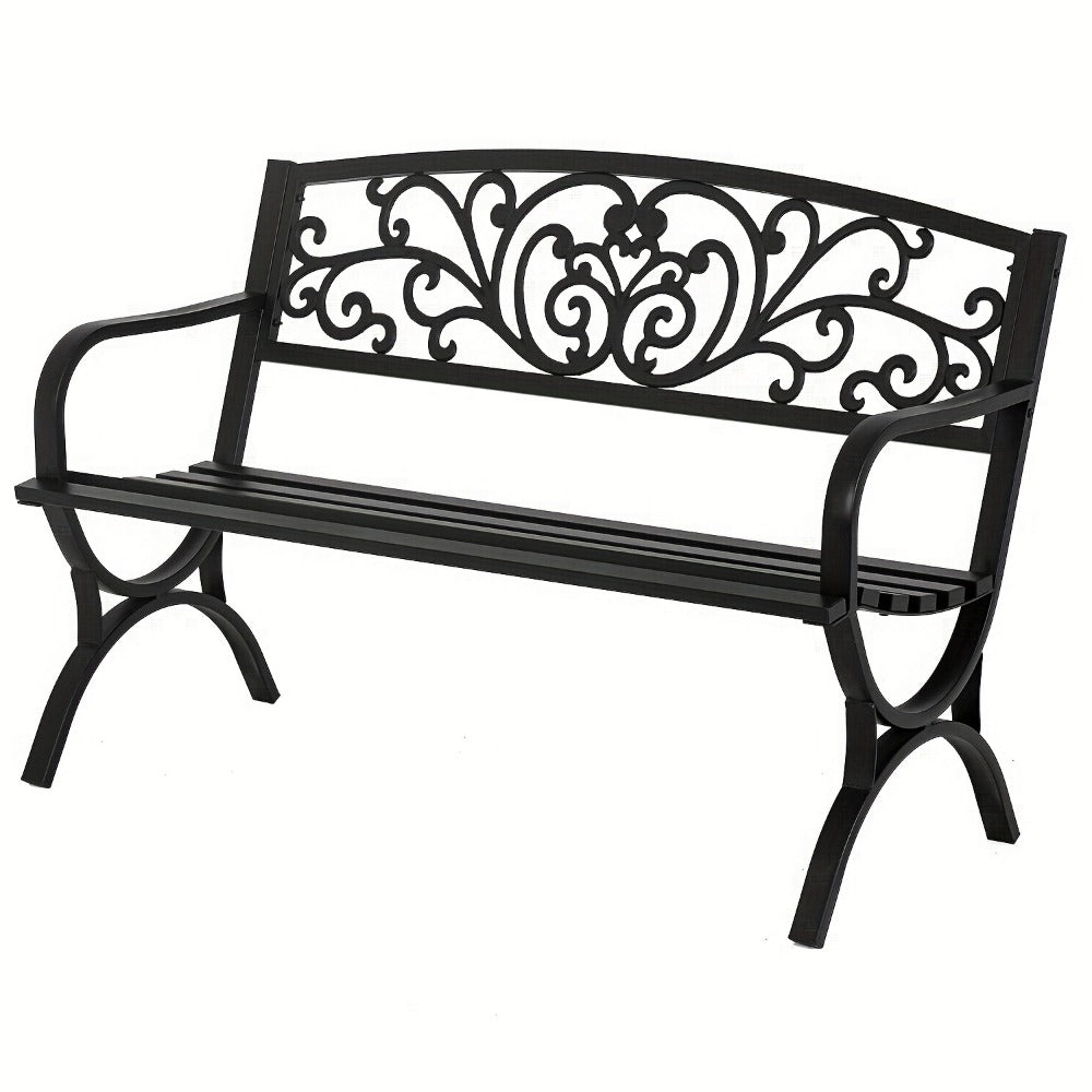 Cast Iron Outdoor Garden Bench with Floral Backrest and Slatted Seat for Patio