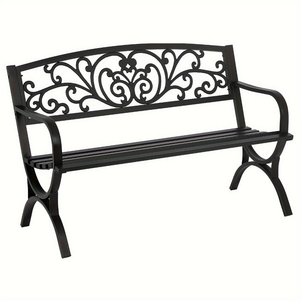 Cast Iron Outdoor Garden Bench with Floral Backrest and Slatted Seat for Patio