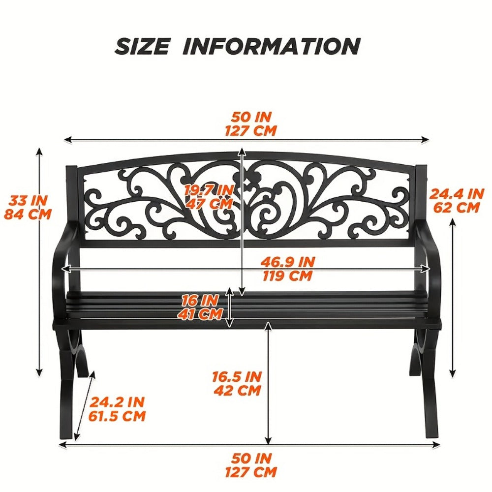 Cast Iron Outdoor Garden Bench with Floral Backrest and Slatted Seat for Patio