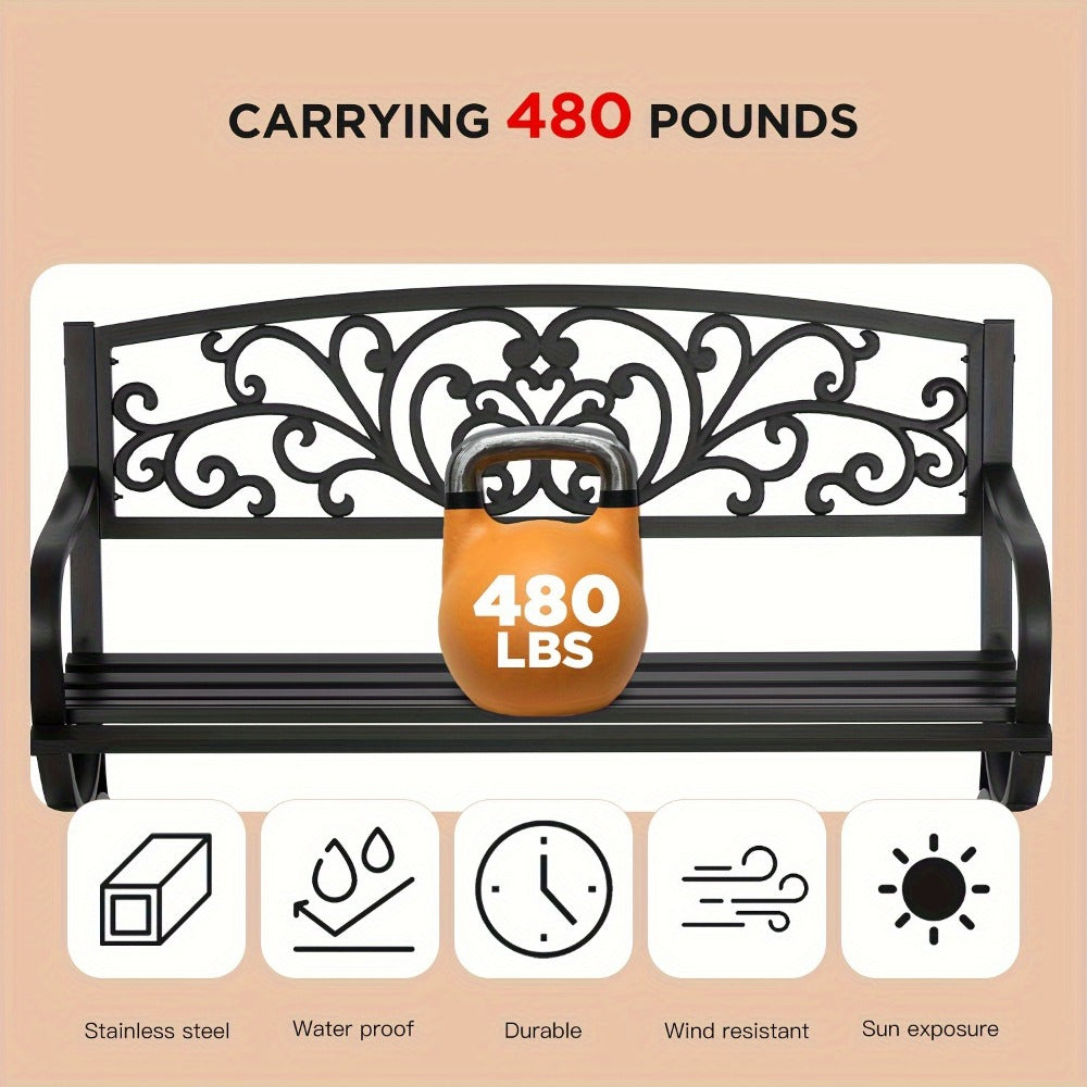 Cast Iron Outdoor Garden Bench with Floral Backrest and Slatted Seat for Patio
