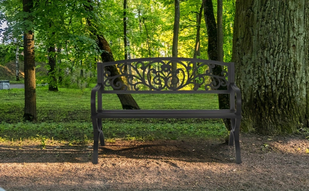 Cast Iron Outdoor Garden Bench with Floral Backrest and Slatted Seat for Patio