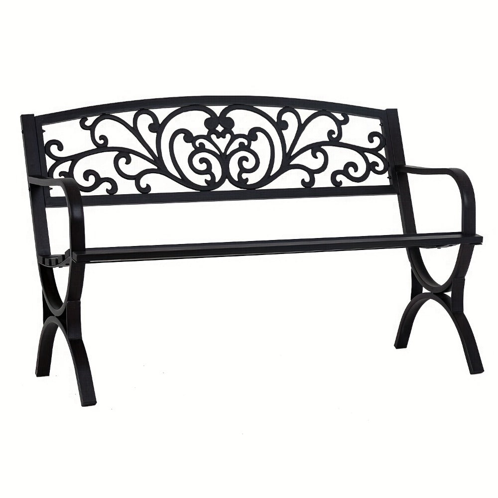 Cast Iron Outdoor Garden Bench with Floral Backrest and Slatted Seat for Patio